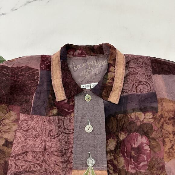 Everything Works Donna Jessica Blouse Top Size 1 S Purple Mixed Floral Patchwork - Picture 2 of 11